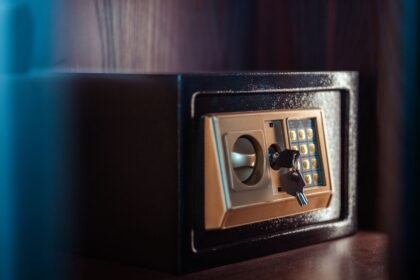 Small home safe with an electronic keypad lock, the type anchored down for secure firearm storage