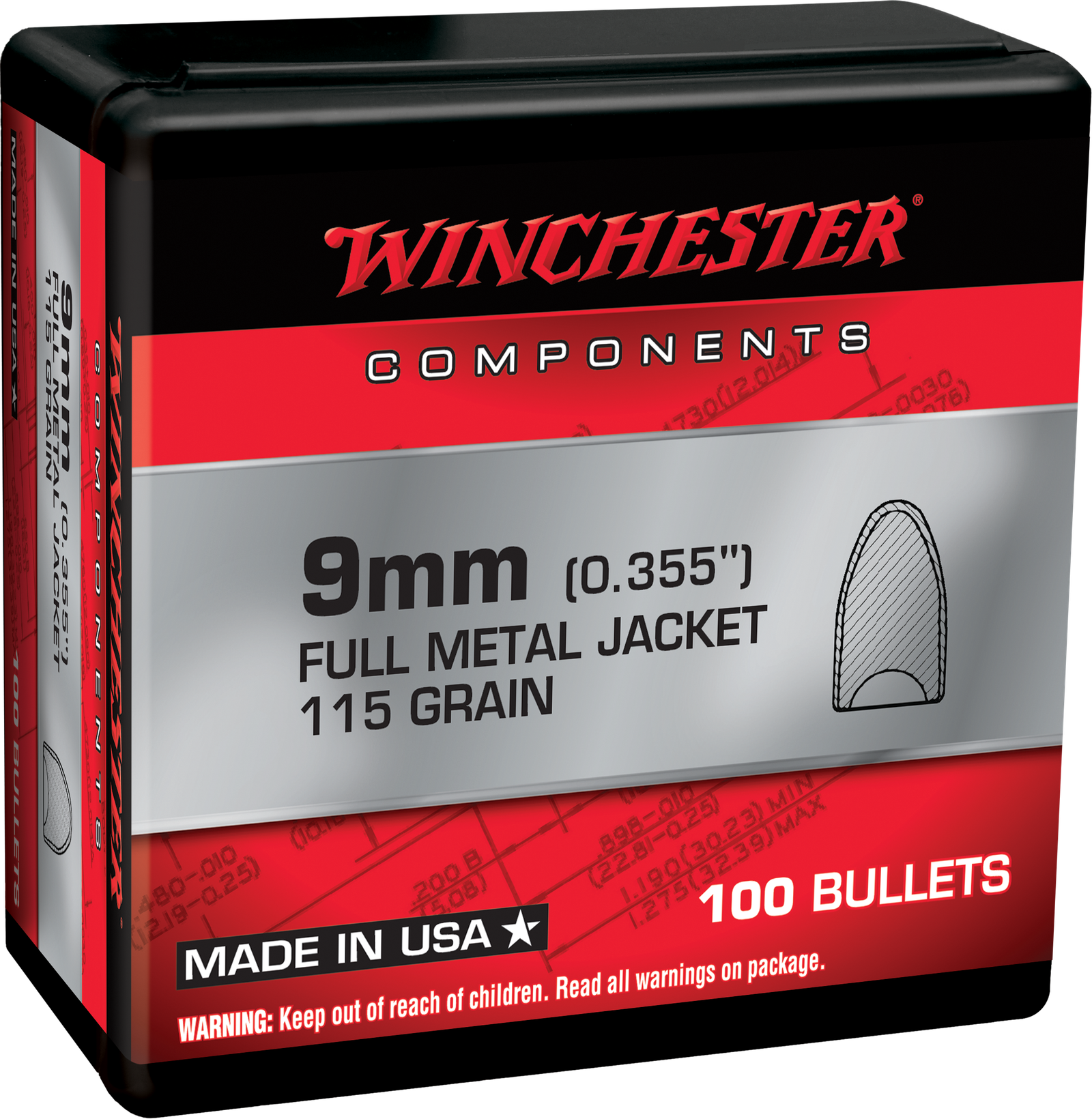 Winchester 9mm 115gr FMJ Bullets - 100ct