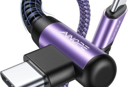 Braided purple USB-C to USB-C charging cable with magnetic connector looped.