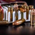 copper cased handgun cartridges in an ammunition container