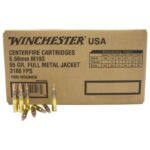 brown winchester usa cartridge box labeled 556mm m193 55 gr full metal jacket with several loose bullets placed in front on a white background