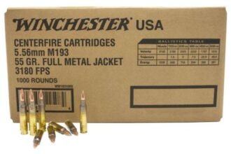 brown winchester usa cartridge box labeled 556mm m193 55 gr full metal jacket with several loose bullets placed in front on a white background