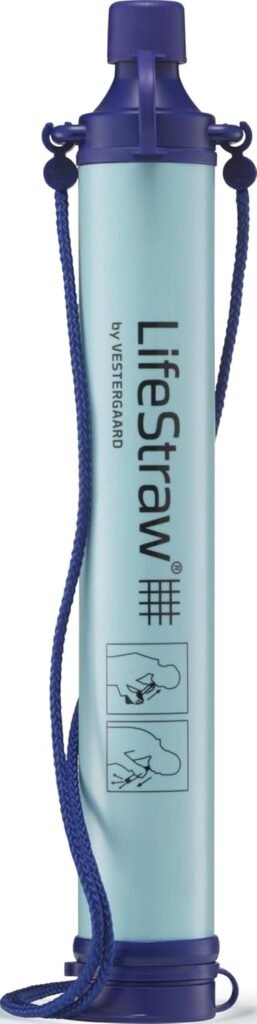light blue lifestraw personal water filter with purple cap and blue lanyard for drinking from on the go water sources