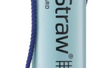 light blue lifestraw personal water filter with purple cap and blue lanyard for drinking from on the go water sources