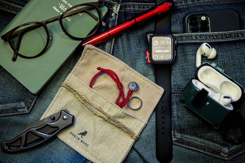 flat lay of everyday carry essentials arranged on denim jeans