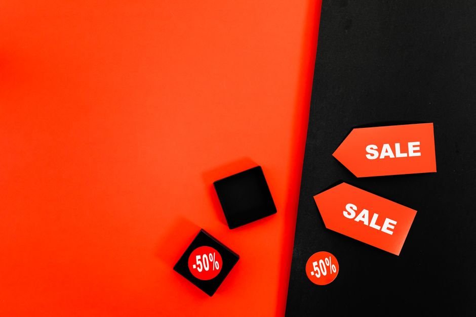 red and black sale tags showing a 50 percent discount