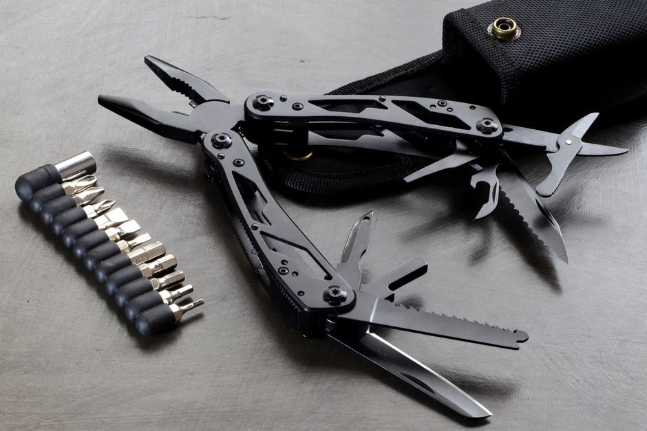 multitool with folded pliers and attachments illustrating multitool tsa rules for carry on bags